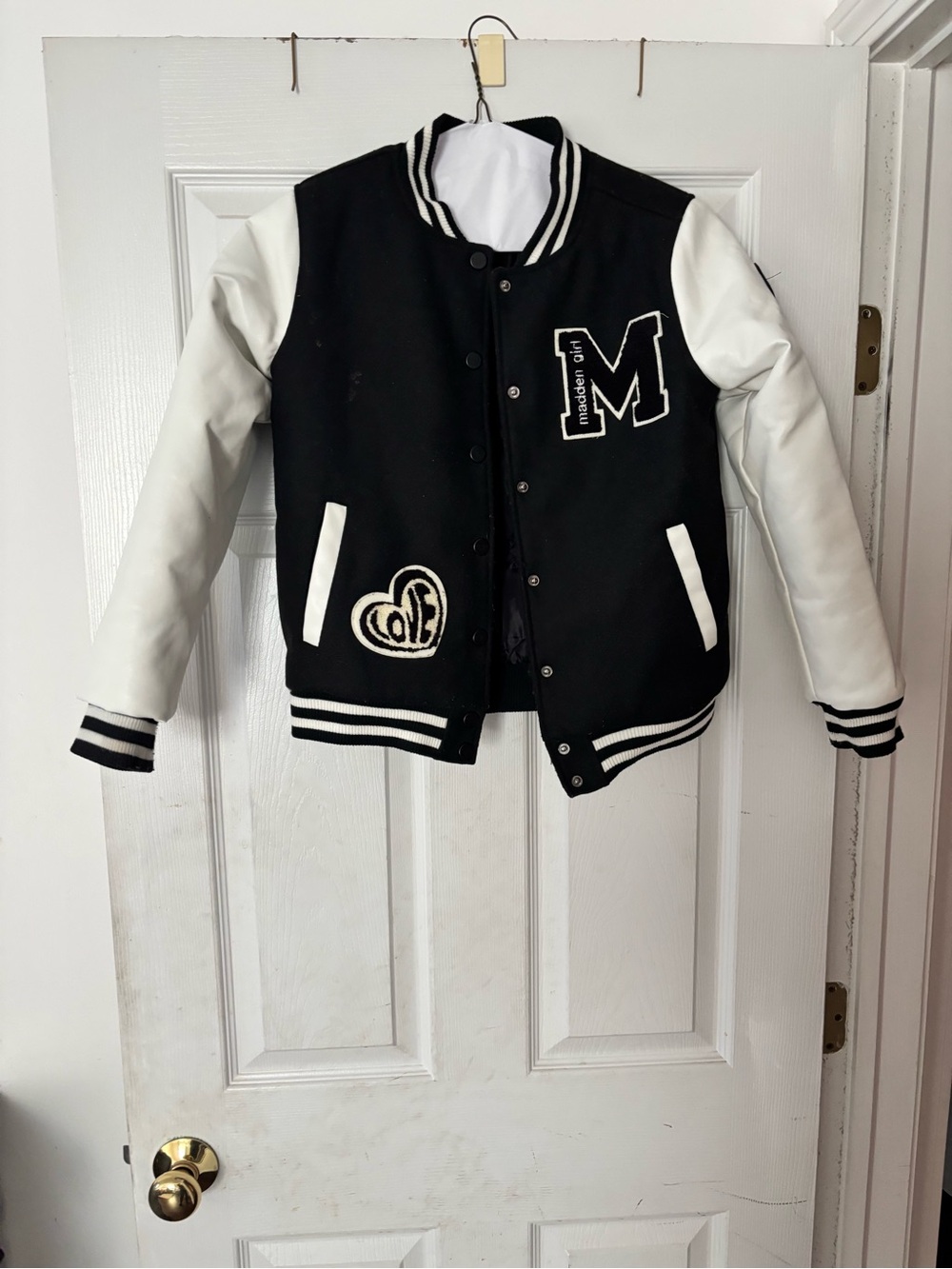 Madden Girl Black and White Varsity Jacket with Patch Details